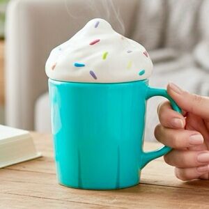 Hand-Painted Ceramic Cupcake Coffee Mug with Lid, Turquoise, 14 oz